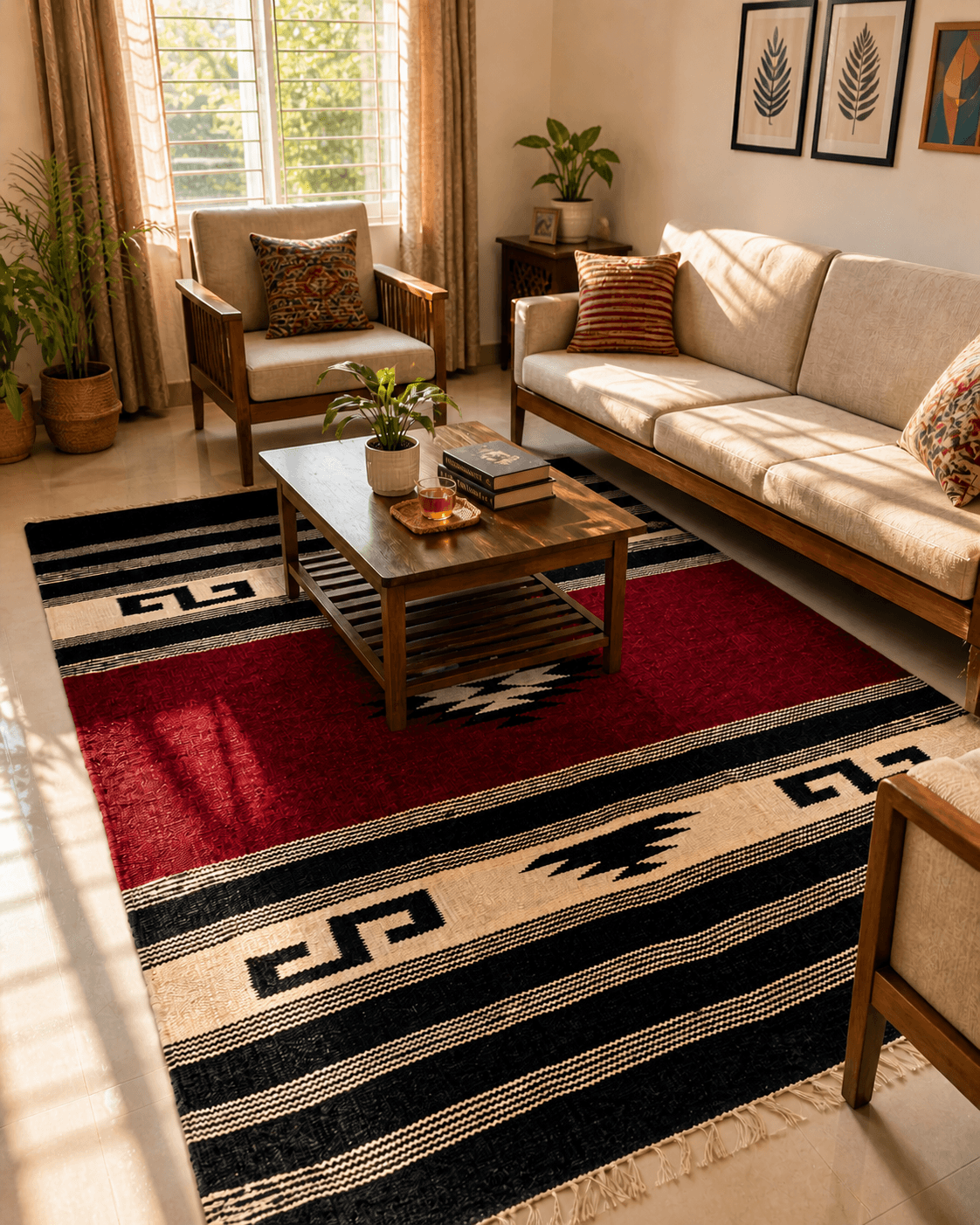 Traditional Shotoronji handwoven floor mat with geometric patterns in red, black and cream — made in Bangladesh
